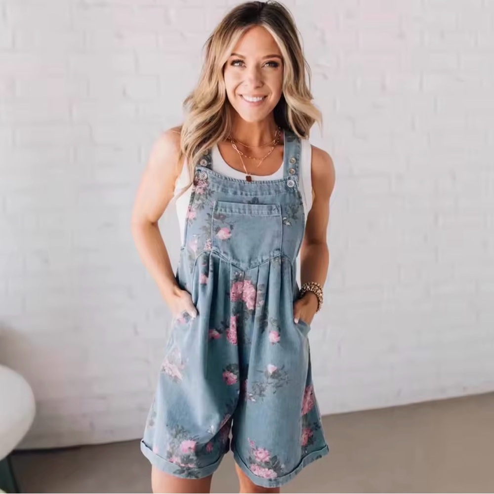 Light Blue vintage Floral Denim Overalls